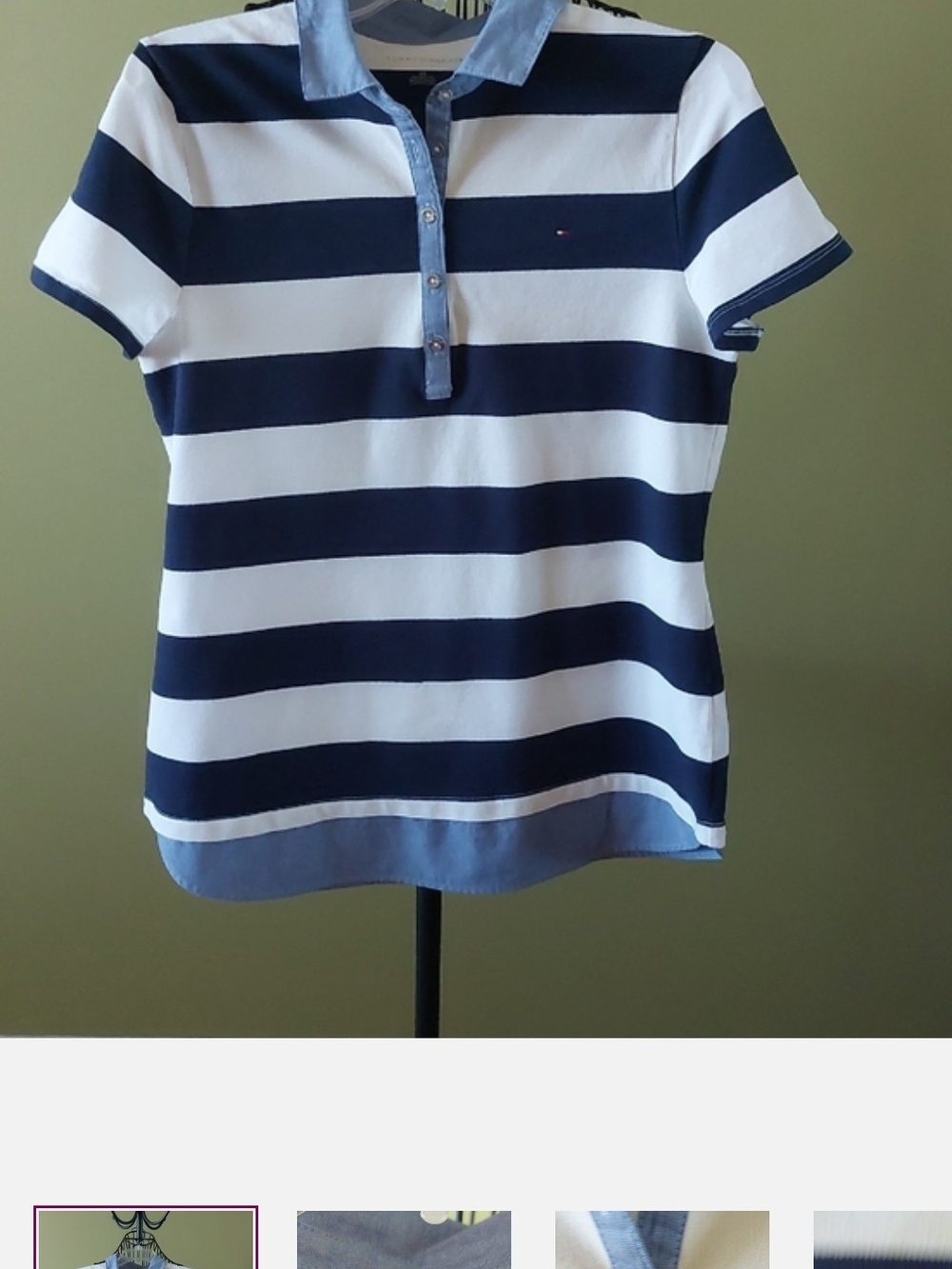 Tommy Hilfiger Navy & White Striped Polo with Light Blue Trim